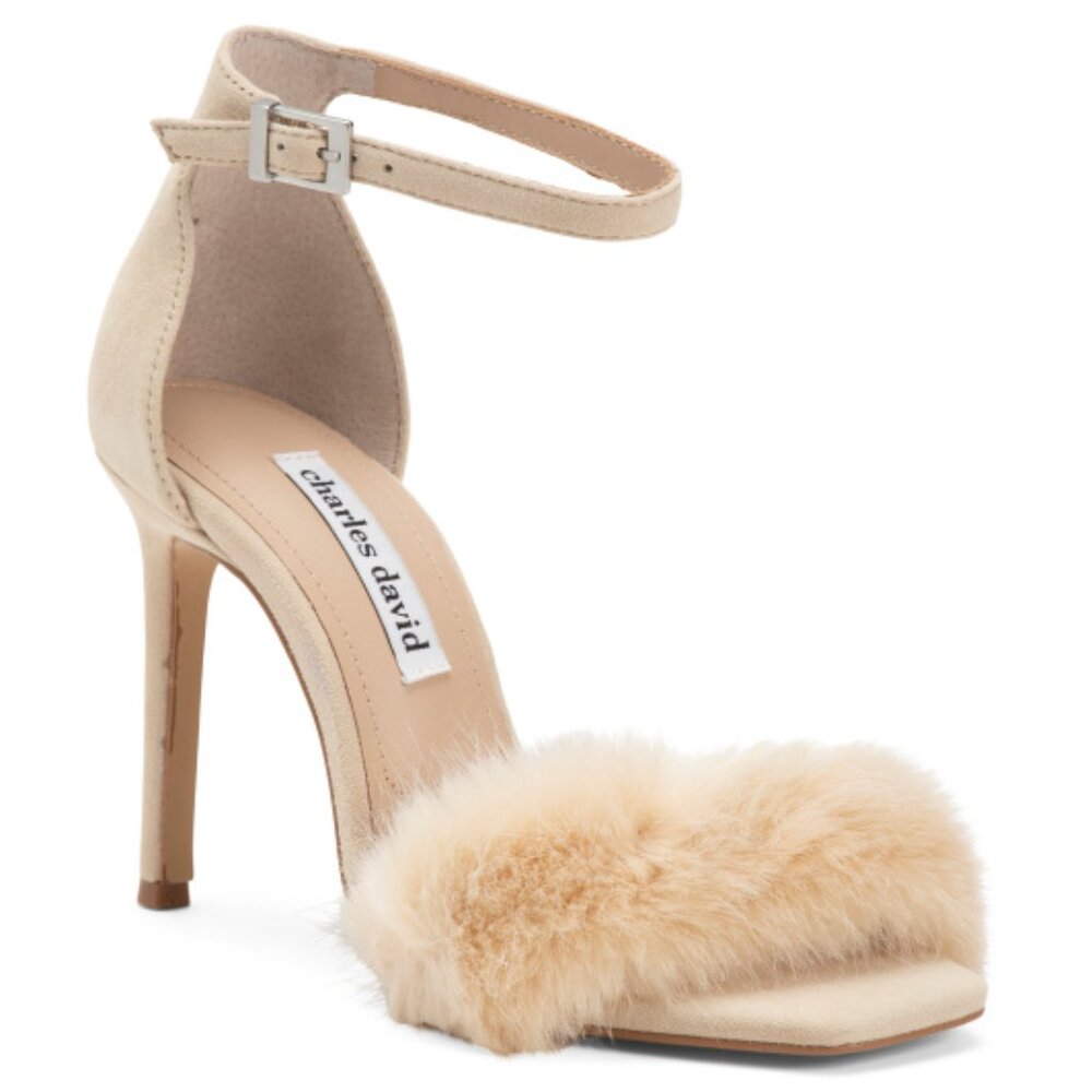 NEW CHARLES DAVID Suede Esquire Faux Feather Heeled Sandals in Off White1225 2t1